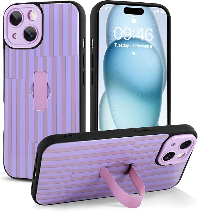 Compatible with iPhone 15 Case with Finger Hand Strap Kickstand, Trendy Cool Striped Phone Case for Women Men, Full Camera Protection Shockproof Protective Cover, Purple Stripes