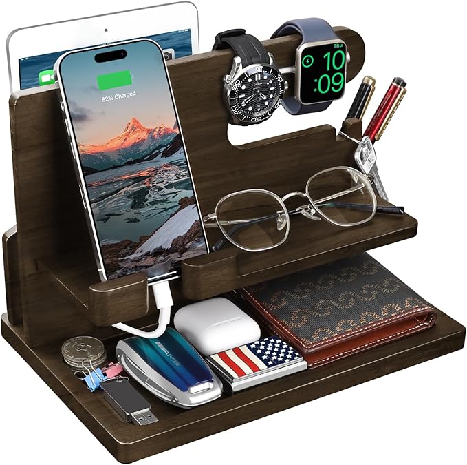 Gifts for Men Wood Phone Docking Station for Men Nightstand Organizer Gifts for Dad Charging Station Cell Phone Stand Desk Organizer Gifts for Husband Boyfriend Brother Son (Grey)