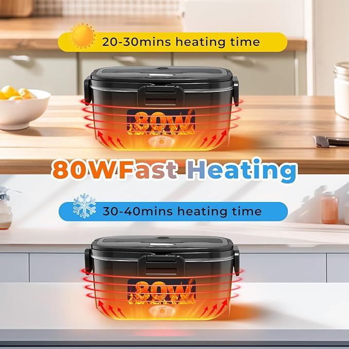Electric Lunch Box For Adults, 80W Heated Lunch Box 1.5L Stainless Steel Heatable Lunchbox For Men, 12V/24V/110V Portable Food Warmer For Car Truck Work,Electric heating lunch box