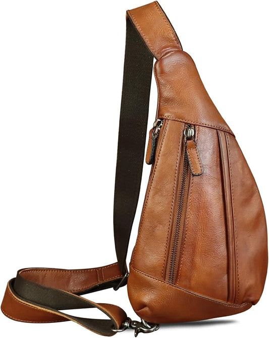LRTO Genuine Leather Sling Bag for Men and Women Vintage Real Leather Crossbody Chest Bags Backpack Purse for Travel Hiking