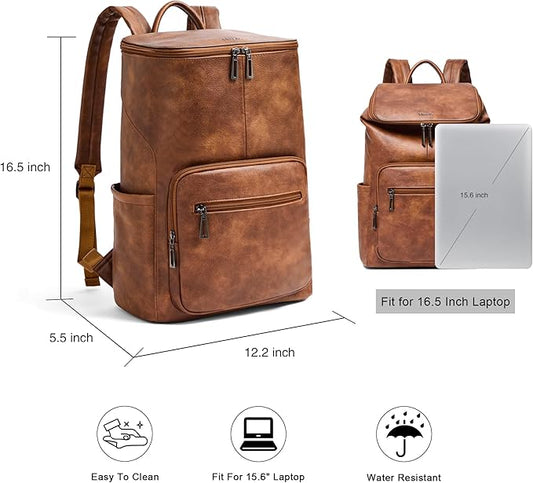 Leather Laptop Backpack for Women, 15.6 Inch Travel Backpack with Laptop Compartment, Casual Daypack Fashion Travel Backpack Purse for Travel College Work, Brown
