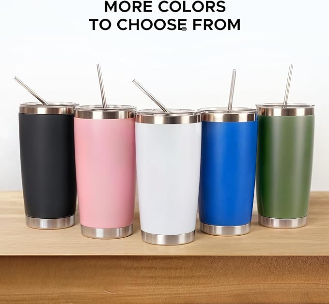OMTech 20oz Tumblers Bulk, 6pc Stainless Steel Tumbler Set with Lid & Straw, Double Wall Vacuum Insulated Mug for Laser Engraver, Travel Coffee Mug for Hot & Cold Drinks, Black Powder Coated Cup