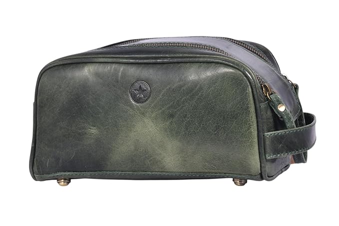 10" Premium Leather Toiletry Travel Pouch With Waterproof Lining | King-Size Handcrafted Vintage Dopp kit By Aaron Leather Goods (Seaweed Green)