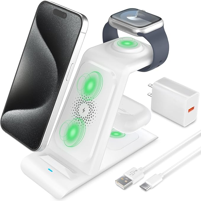 HATALKIN 3 in 1 Wireless Charging Station Compatible for Apple Products Multiple Devices Charger for Apple Watch Ultra 11 10 9 8 7 SE AirPods Pro iPhone 17 16 15 14 13 Pro Max/X/XS Fast Charger Stand