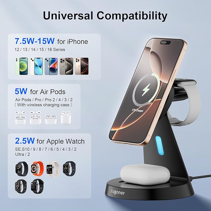 Magnetic Wireless Charger Stand 3 in 1 Charging Station 15W Fast Charging Stand Wireless Charger for iPhone16/15/14/13/12 Series, Watch Series, Earphone,Non-Slip Base