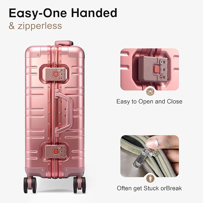 All Aluminum Carry On Luggage 22x14x9 Airline Approved,Zipperless Luggage Premium Aluminum Suitcase Luggage, Hard Shell Carry On Luggage with Spinner Wheels (rose gold, 20inch)