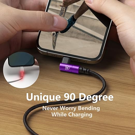 KIYODA iPhone Charger Cable 6ft, 3 Pack Lightning Cable, 90 Degree Nylon Braided Gaming Charging Cord, USB to Lightning Cable Compatible with 13 12 11 Pro XS MAX XR X 8 7 6S Plus SE iPad iPod, Purple