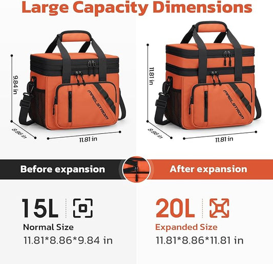 Maelstrom Lunch Box, 20L Insulated Lunch Bag for Men Women, Expandable Double Deck Leakproof Cooler Bag with 6 Pockets, Reusable Lunch Tote Bag for Work, Picnic, Travel, Orange