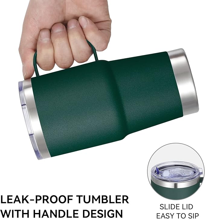 VEGOND 20 oz Tumbler Bulk with Handle Lid and Straw, Stainless Steel Insulated Travel Coffee Mug Set, Spill Proof Double Wall Metal Tumblers Cups, Dark Green 6 Pack