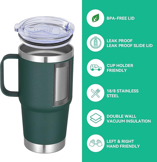 VEGOND 20 oz Tumbler with Handle Lid and Straw, Stainless Steel Insulated Travel Coffee Mug Spill Proof Double Wall Metal Tumbler Cup Keeps Drink Hot and Cold, Dark Green 1 Pack