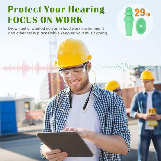 MIPEACE Bluetooth Earplug Headphones, Neckband Wireless Earbuds earplugs-29db Noise Reduction isolating in-Ear earplug Earphones and Controls,IPX5 sweatproof,19+Hour Battery(Yellow & Green)