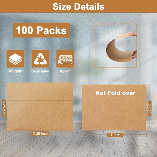 100 Packs Brown Blank Cards and Envelopes 5 x 7 Heavyweight Single Panel Cardstock and A7 Envelopes Self Seal for Wedding Invitations, Birthday, Thank You Cards, Mailing