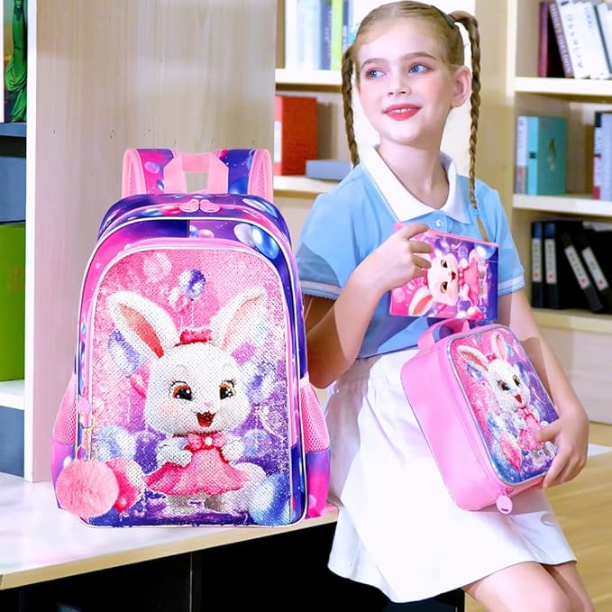 3Pcs Backpack for Girls, 16" Sequins Kids Bookbag with Lunch Box, Bunny School Backpacks for Elementary Preschool Kindergarten (Pink)