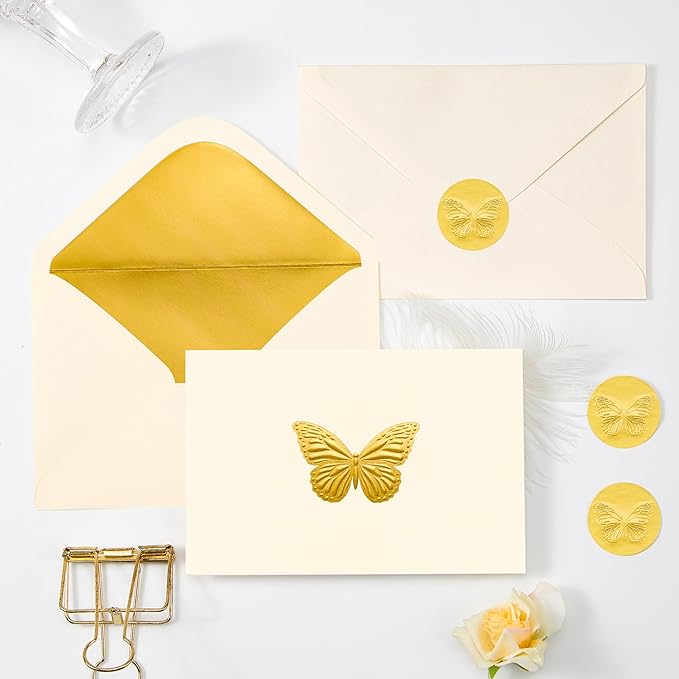 Crisky 50 Pack Embossed Gold Greeting Cards with Envelopes & Stickers Butterfly Note Cards Bulk for Birthday, Baby Shower,Bridal Shower, Wedding, Graduation Blank Inside