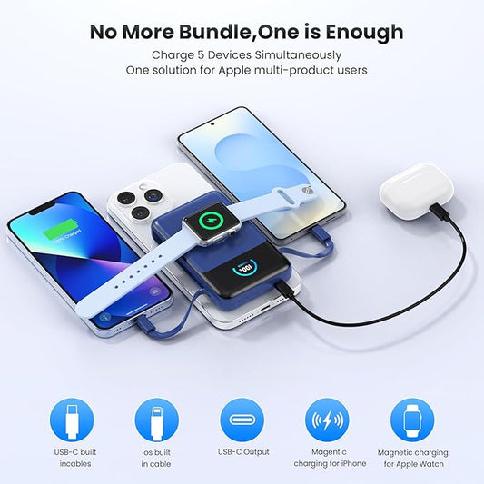 Magnetic Portable Charger 10800mAh with Built-in Cables,Qi2 Certified 15W Wireless Power Bank for Magsafe,30W PD Fast charging USB-C Travel Essential Battery Pack for iPhone 17/16/15/14/13-Dark Blue