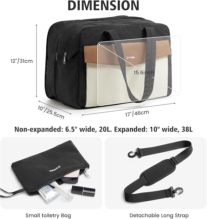 G4Free Expandable Duffle Bag for Travel Weekender Overnight Carry On Tote Duffel Bags for Men Women (Black&Brown)
