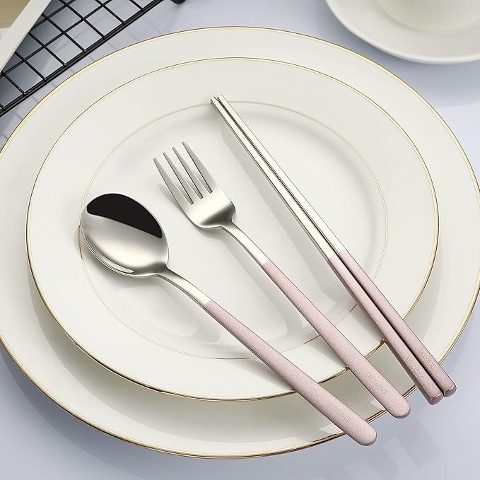 DEVICO Portable Travel Utensils with Case, Reusable Camping Silverware for Lunch, 18/8 Stainless Steel Cutlery Set (Pink)