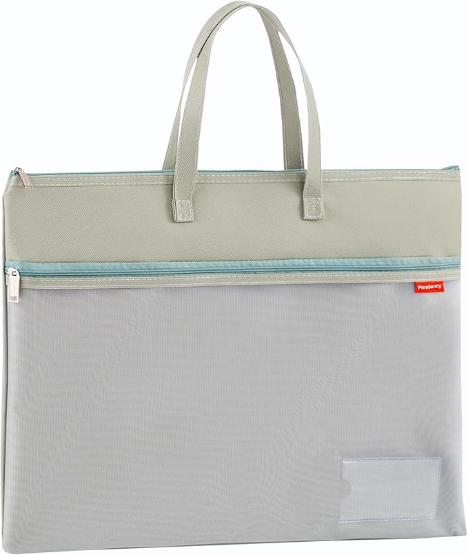 Pendancy Mesh Zipper Pouch A3 Size, Large Double Pocket Waterproof File Bag with Handle, 13x17 in Foldable Document Storage for Puzzle Project/Cross Stitch/Travel/Office(Advanced Green)