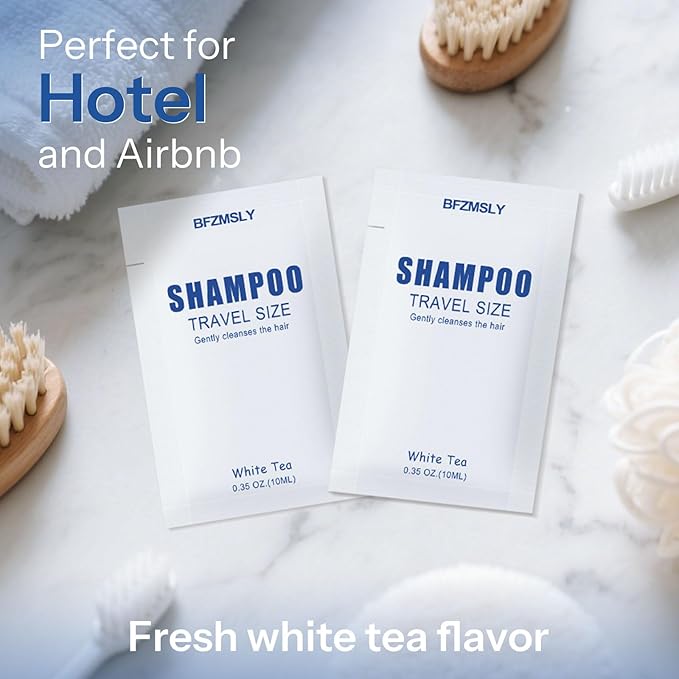 100 Pack Travel Size Shampoo Packets Bulk (0.35oz, White Tea Scent) – Mini Individual Pack TSA Approved Toiletries for Guest Shampoo for Hotels, Airbnb, Travel & Hospitality