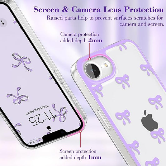 EYZUTAK Case for iPhone 16e, Clear Cute Ribbon Bowknot Pattern Aesthetic Transparent Phone Case Raised Camera Protection Stylish Slim Soft Durable TPU Protective Cover for Women Girls - Purple