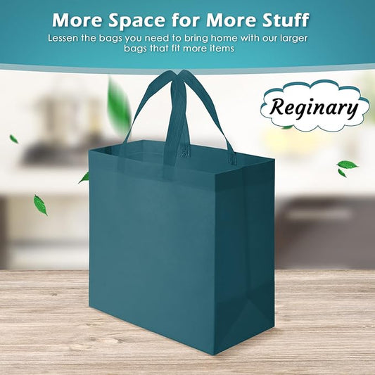 Reginary Reusable Totes Bags - 100 Pcs Non Woven Grocery Handle Bags for Shop Events & Retail Store (Dark Green)