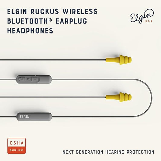 Elgin Ruckus Wireless Bluetooth Earplug Headphones, 25 dB NRR, Noise Canceling Mic, 12-Hour Battery, IP65 Sweatproof, Compliant with OSHA Hearing Safety Standards