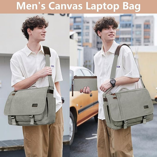 Nerlion Messenger Bag for Men 17-17.3 Inch Laptop Bag Canvas Water-resistant Computer Bag Shoulder Bag Work Briefcase Bookbag for College (Light Gray)
