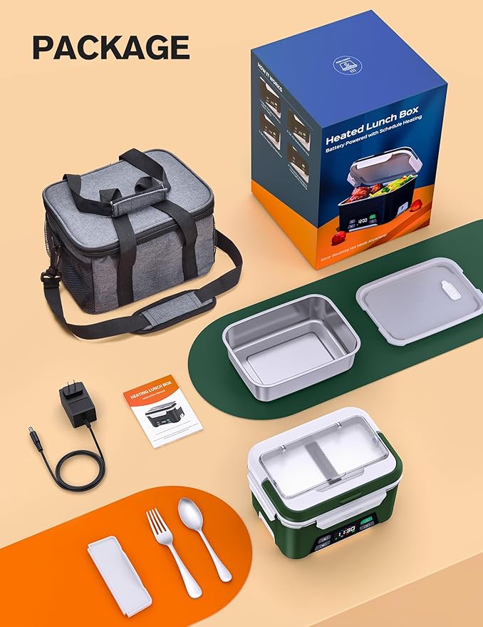 EAST OAK Cordless Electric Lunch Box for Adults, Heated Lunch Box Battery Powered with Automatic Heating, 5.5 Cups Portable Food Warmer with Removable Tray Divider