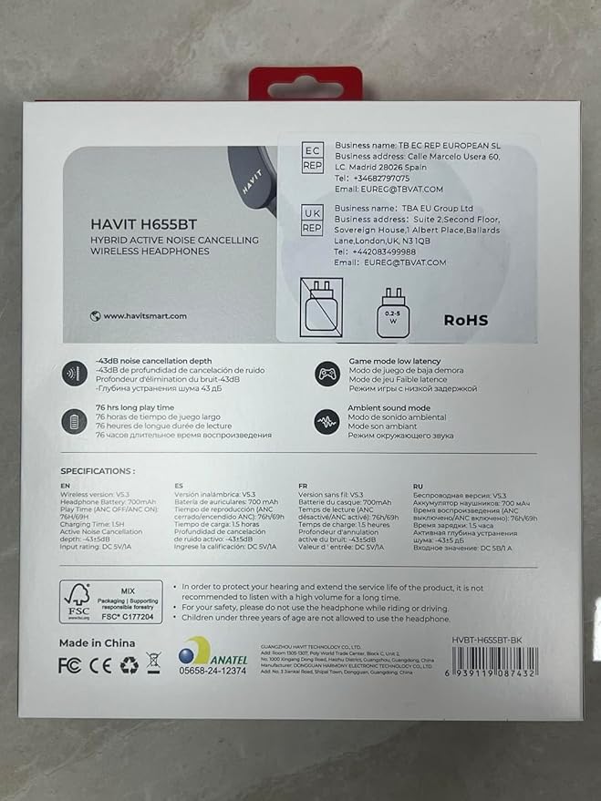 havit H655BT Hybrid Active Noise Cancelling Headphones for Airplane Travel, Wireless Over Ear Bluetooth Headphones, 76H Playtime, Hi-Res Audio, Super Bass via App, 5 Mic for Noise Cancelling