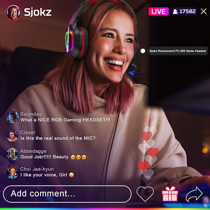 FC200 PC Gaming Headset for PS4, PS5, Switch, Xbox One, Mac, Noise Canceling Headphones with Microphone, Computer Headset with 3.5mm Jack & RGB Light