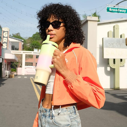 40 oz Tumbler with Handle and Straw: Stainless Steel Insulated Tumbler Keeps Cold for 24 Hours, Leakproof Travel Cup Fits in Cup Holder and BPA-Free, Morning Dew