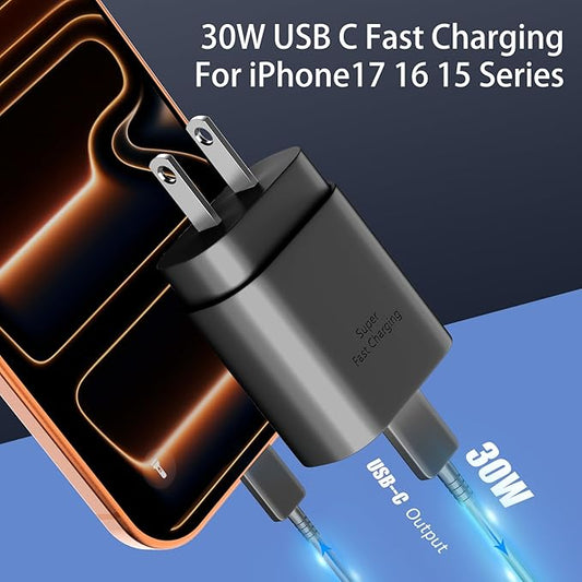 30W USB C Phone 15 Charger Fast Charging Block for iPhone 15/15 Pro Max/15 Pro/15 Plus/Samsung Galaxy S23 Ultra/S23/S23+/S22/S22 Ultra/S22+/S21 Ultra/S20 Ultra/Note 20 & 6.6Ft USB C Charger Cable
