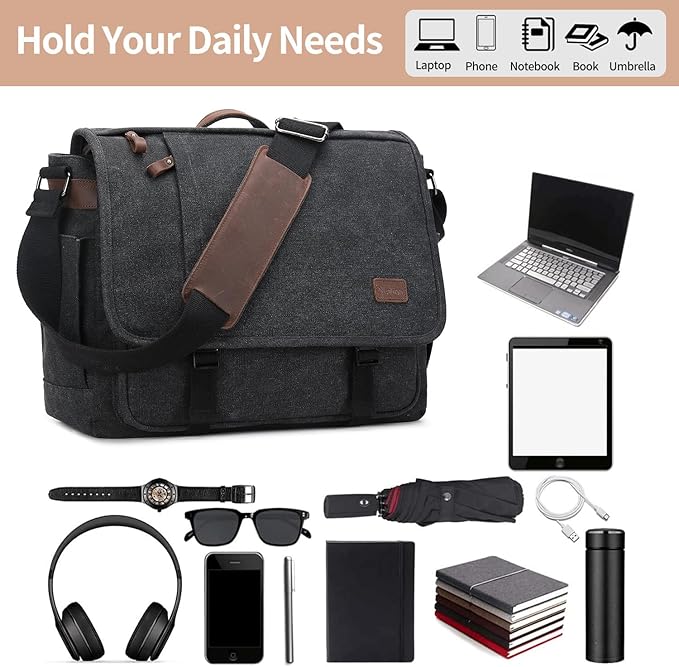 Nerlion Messenger Bag 15.6 Inch Laptop Bag Computer Bag Canvas Water-resistant Shoulder Bag Work Briefcase Bookbag for College (15.6", Dark Gray)