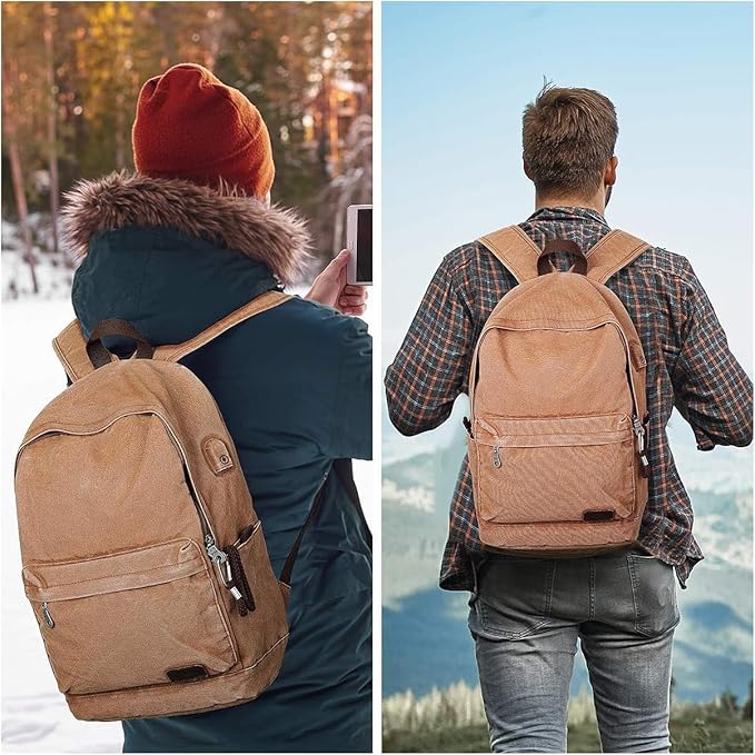 Muzze Canvas Backpack for Women and Men, Lightweight Classic Laptop Backpack with USB Charging Port for School, Travel and Daily Use, Khaki
