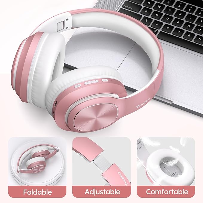 TuneFlux Wireless Bluetooth Headphones Over Ear, 80H Playtime, 3EQ Sound Modes, HiFi Stereo Headphones with Deep Bass, Foldable Bluetooth 5.3 Headsets for Smartphone/PC/Computer-Rose Gold
