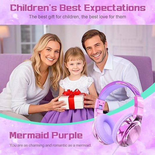 QearFun Kids Headphones Wired with Mic, 85/94dB Safe Volume Limit, Foldable Over Ear, Tangle-Free Cord & Sharing Port, Wired On-Ear Headset for School, Chromebook, Tablet, Travel - Boys & Girls