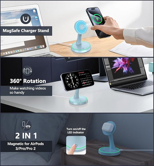 Magnetic Wireless Charger Stand 15W Fast Mag-Safe Charger for iPhone 16/16 Pro/16 Plus/16 Pro Max/15/14/13/12 Series Magnet Wireless Charging Station/Pad with Sleep-Friendly Light for AirPods
