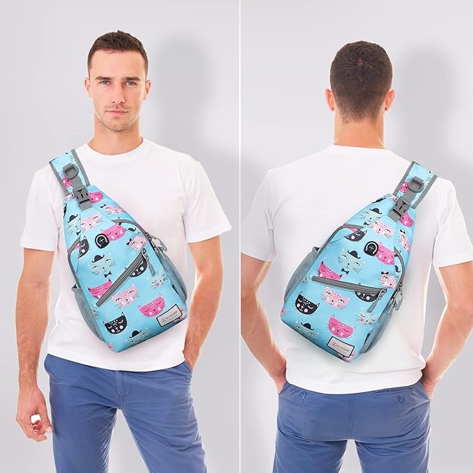 ZOMAKE Sling Bag,Small Crossbody Sling Backpack,Water Resistant Shoulder Daypack for Travel,Anti Thief Chest Bag for Hiking(Cat'S Head Light Blue)