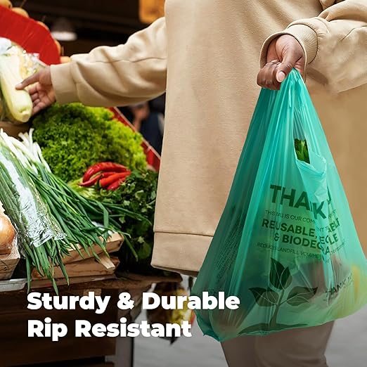 FMP Brands 500 Count Eco Biodegradable Plastic Grocery Bags with Handles, Reusable T-Shirt Thank You Shopping Bags Bulk for Small Business, Restaurant, Groceries, Supermarket