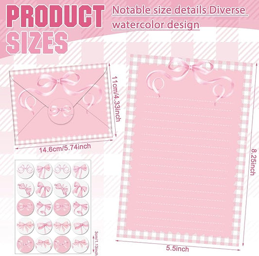 TaoBary 160 Pcs Stationery Paper Set 50 Double Sided Stationery Papers with 50 Matching Envelopes and 60 Round Dot Sticker, 10 Design(Pink Bow,5.5 x 8.25 Inch)