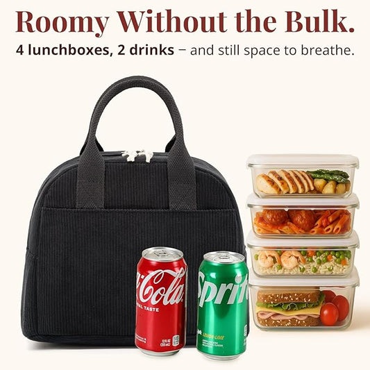 Insulated Black Lunch Bag for Men Women, Stylish Corduroy Tote with Aluminum Lining, Large Capacity Reusable Cooler for Work, Travel, Beach or Picnic, Soft Black Water-Resistant Lunch Box