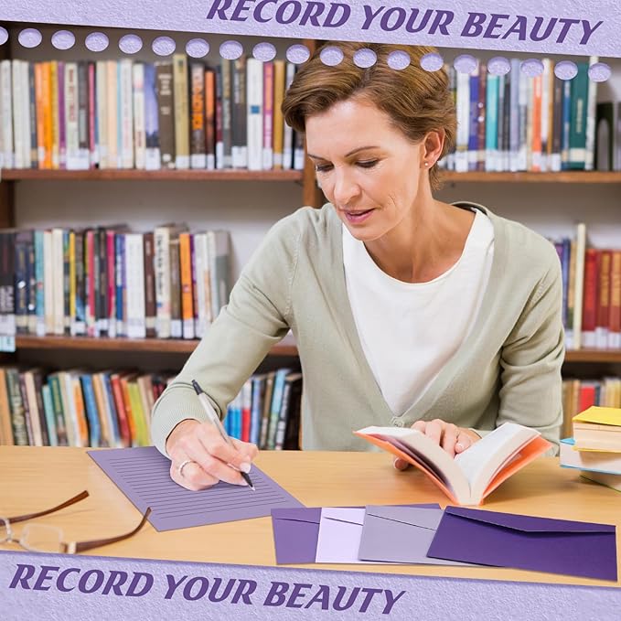 100 Pcs Stationery Lined Stationery Paper and Envelopes Set Includes 50 Letter Writing Paper and 50 Envelope for Office, 5.5 x 8.25 Inch(Purple)