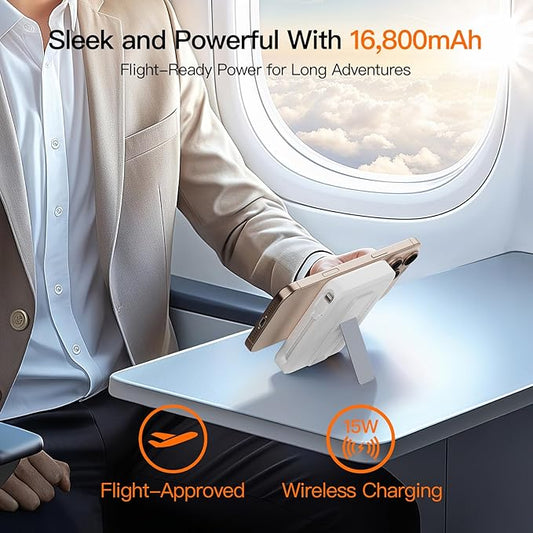 2025 Magnetic Battery Pack 16800mAh Mobile Power Bank, Portable Charger with Foldable Stand and Built-in Cable, 20W USB-C Fast Charging, Suitable for iPhone 17/16/15/14/13/12 Series
