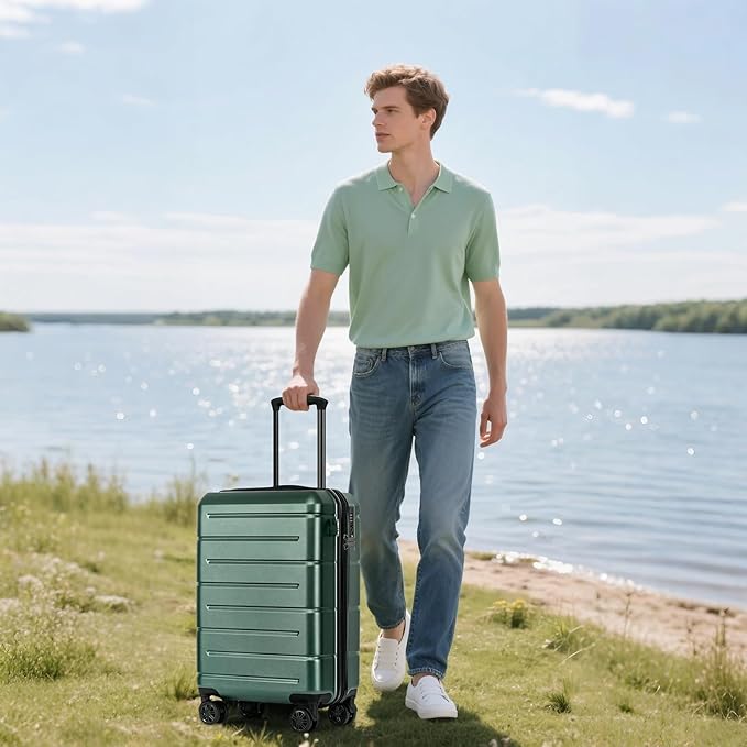 KYME Hardside Carry On Luggage 22x14x9 Airline Approved with TSA Lock Hardshell 22 Inch Suitcase with Spinner Wheels Small Travel Rolling Luggage with Cup Holder for Men Women Green