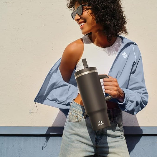 40 oz Tumbler with Handle and Straw: Stainless Steel Insulated Tumbler Keeps Cold for 24 Hours, Leakproof Travel Cup Fits in Cup Holder and BPA-Free, Black Night