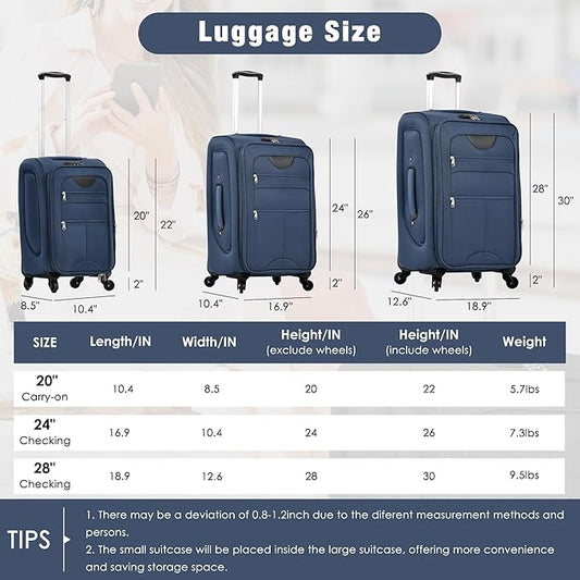 Merax Softside Luggage Set Softshell Lightweight 3 Piece Spinner Suitcase with Duffel Bag Expandable Upright Travel Luggage 22" 26" 30",Deep Blue