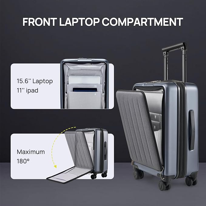 NINETYGO Carry on Luggage 22X14X9 Airline Approved with Front Laptop Pocket, 20 Inch Luggage with Front Compartment, Expandable, Double Spinner Wheels, Hardsided PC, TSA Lock (Black, Seine Max)