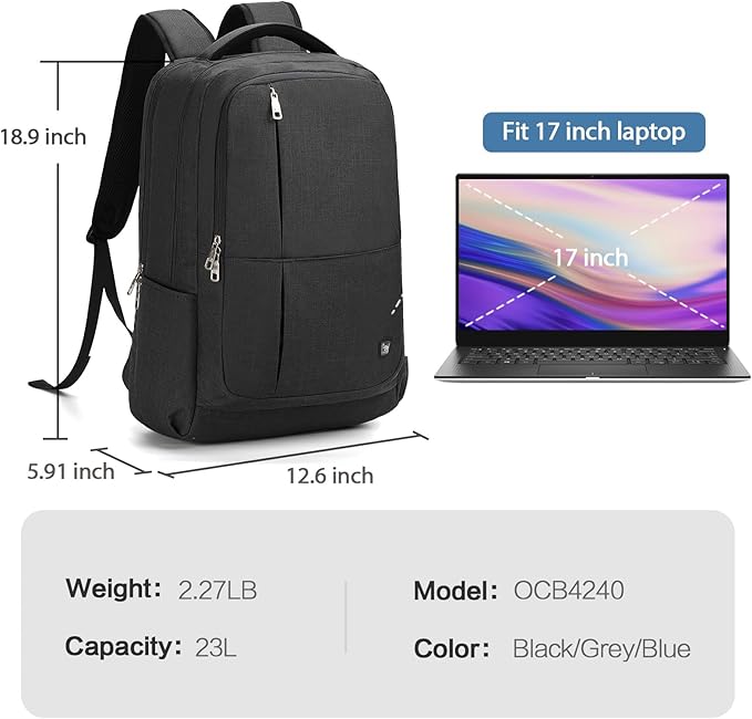 OIWAS Laptop Backpack 17 Inch For Men Business Backpack - Women Travel Daypack - Lightweight Large Backpack (Black)