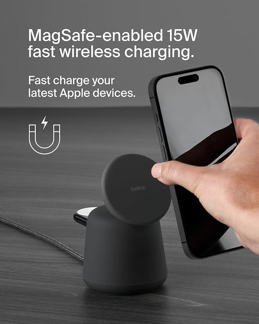 Belkin 2-in-1 MagSafe Wireless Charging Dock 15W Fast Charge iPhone Charger Compatible with iPhone 17, 16, 15, and 14 Series, AirPods, Pixel 10, and Other MagSafe Enabled Devices, PSU Included - Black