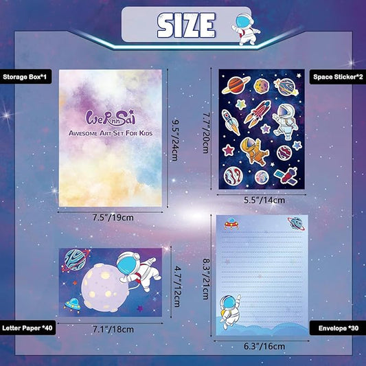 WERNNSAI Kids Stationery Set - 72PCS Boys Stationery Set Teens Universe Letter Writing Kit Aerospace Letter Paper Set Stationery Writing Sheets with Envelopes School Space Gift Set